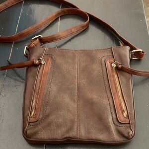 Elegant Brown Crossbody Bag with Gold Zippers